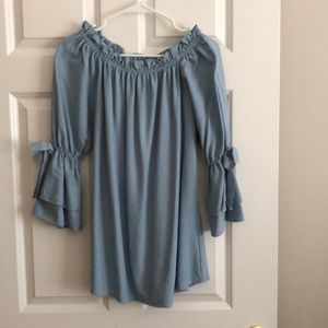 Boho Chic blue blouse with ruffle neck & double ruffled sleeve